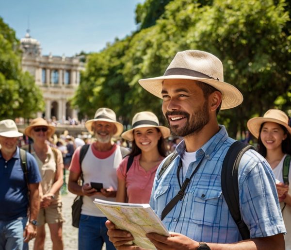 man-wearing-hat-backpack-is-standing-front-group-people man-wearing-hat-backpack-is-standing-front-group-people